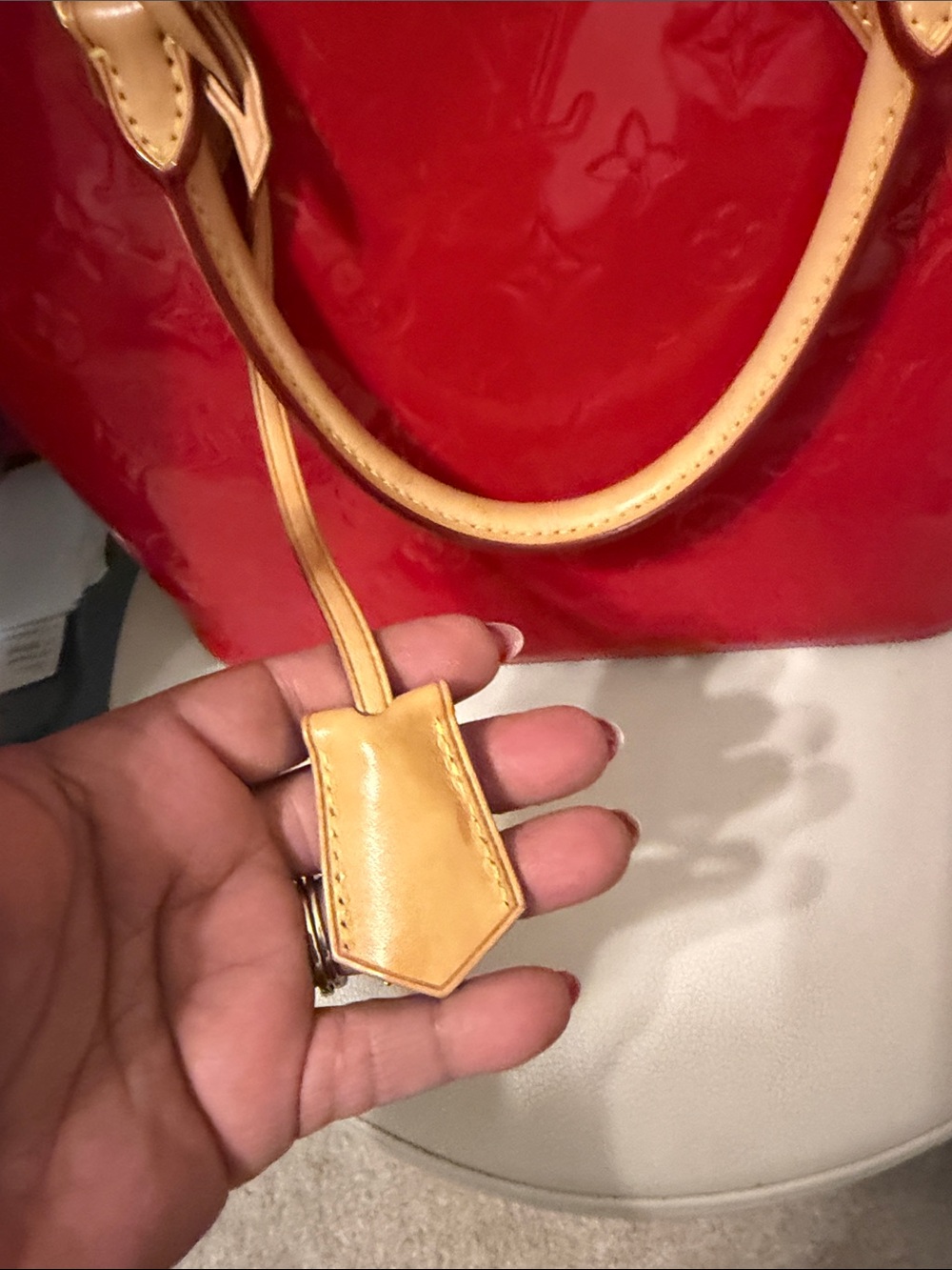 Louis Vuitton Red Patent Tote with Natural Leather Trim - Picture 12 of 15